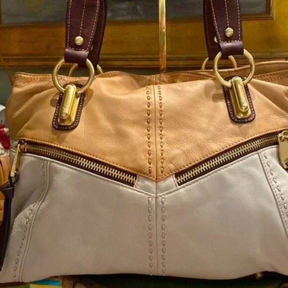 b. makowsky Handbags - B Makowsky Cream/Brown/Caramel Smooth Leather Large Tote Shoulder Bag EUC